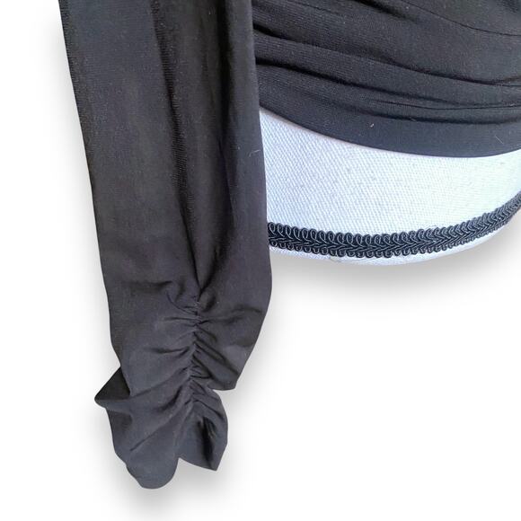 Rachel Parcell Ruched Soft Stretch Top Fits XS/S Black Long Sleeve High V Neck - Picture 6 of 11